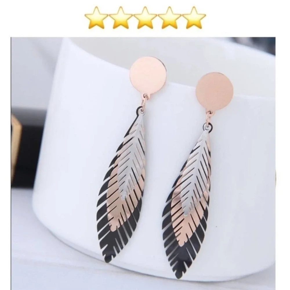 Boho Tri Color Silver Rose Gold Black Feather Leaves Drop Dangle Earrings A0100 - Picture 3 of 12